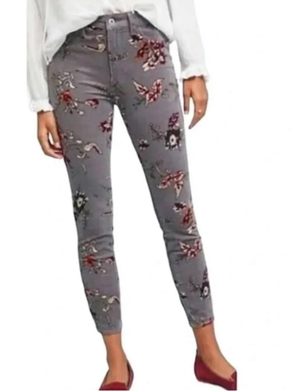 Anthropologie Pilcro Floral High Rise Skinny Corduroy Pants Gray Red M